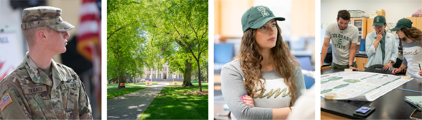 An Army ROTC student, the tree-lined Oval, a student thoughtfully listening, students collaborating on a poster project.